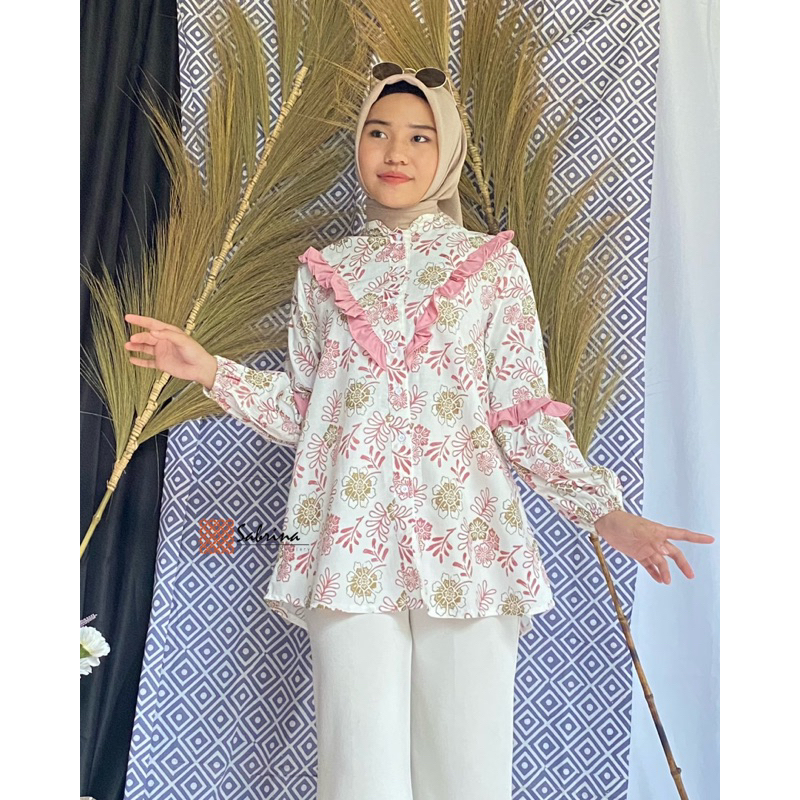 ALMYA BLOUSE Atasan Kemeja Batik Kerja Kantor Wanita Cantik Modis Modern Kekinian Print Katun Pastel Rampel Busui