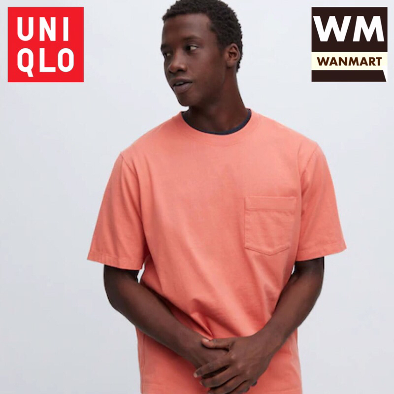 UNIQLO Men T-Shirt Kaos Pria Oversized Saku Crew Neck Lengan Half Orange