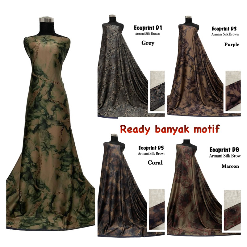 Bahan Kain Armani silk brown ecoprint mewah / armany silk abstrak / kain silk meteran gamis mukena