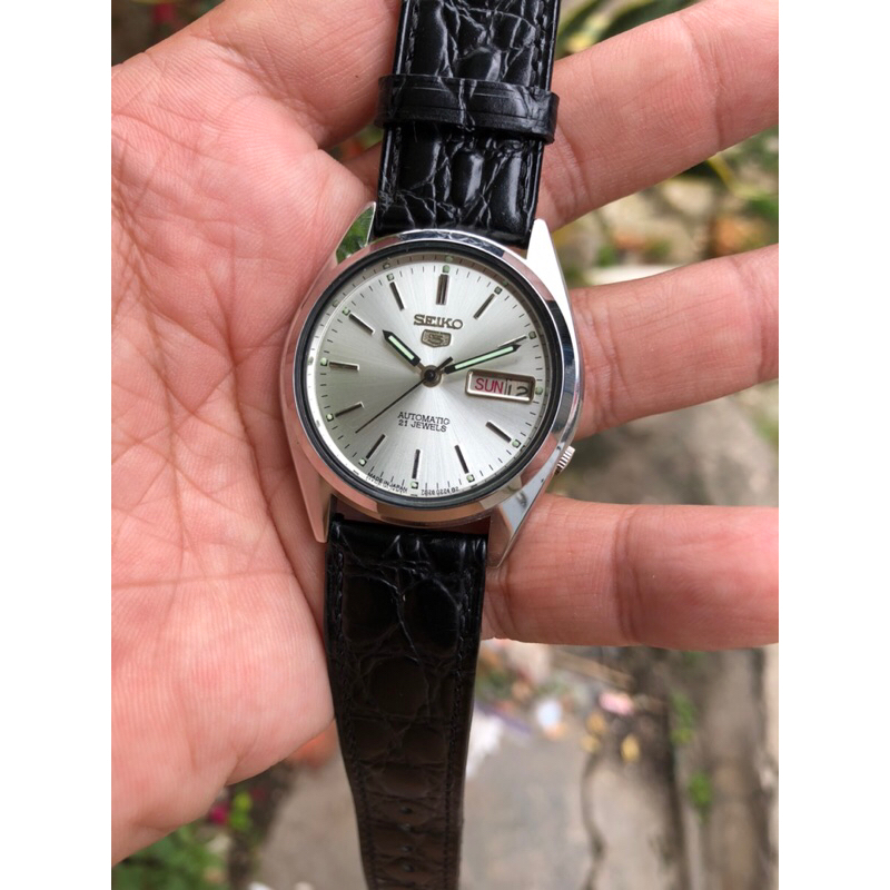 jam tangan seiko 5 automatic vintage jam klasik pria silver strap kulit