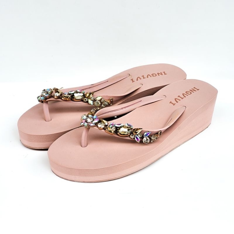 Ingvivi Flower Swarovski Sandal Wanita Wedges Import Terbaru Korea Jepit Tinggi 5cm