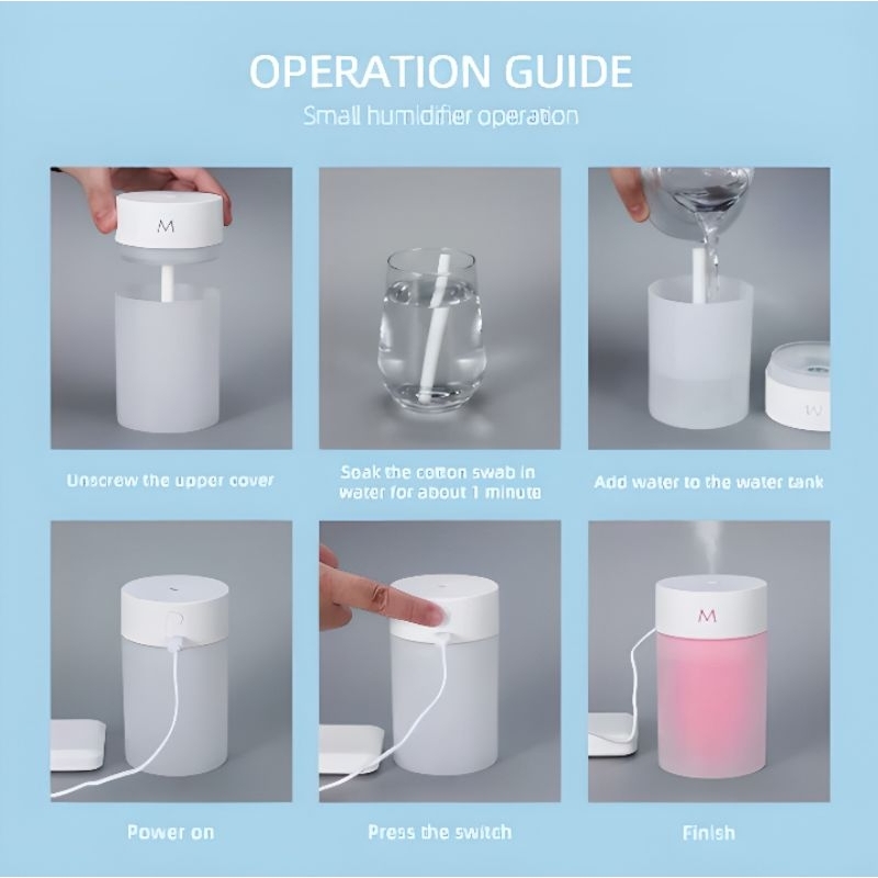 H2O Mini Air Humidifier Diffuser Aromatherapy Portable 7 Warna LED RGB 260ml Pengharum Ruangan Pelembab Udara Purifier Oil Burner Essential Oil Penjernih Udara Aroma Terapi Minyak Esensial