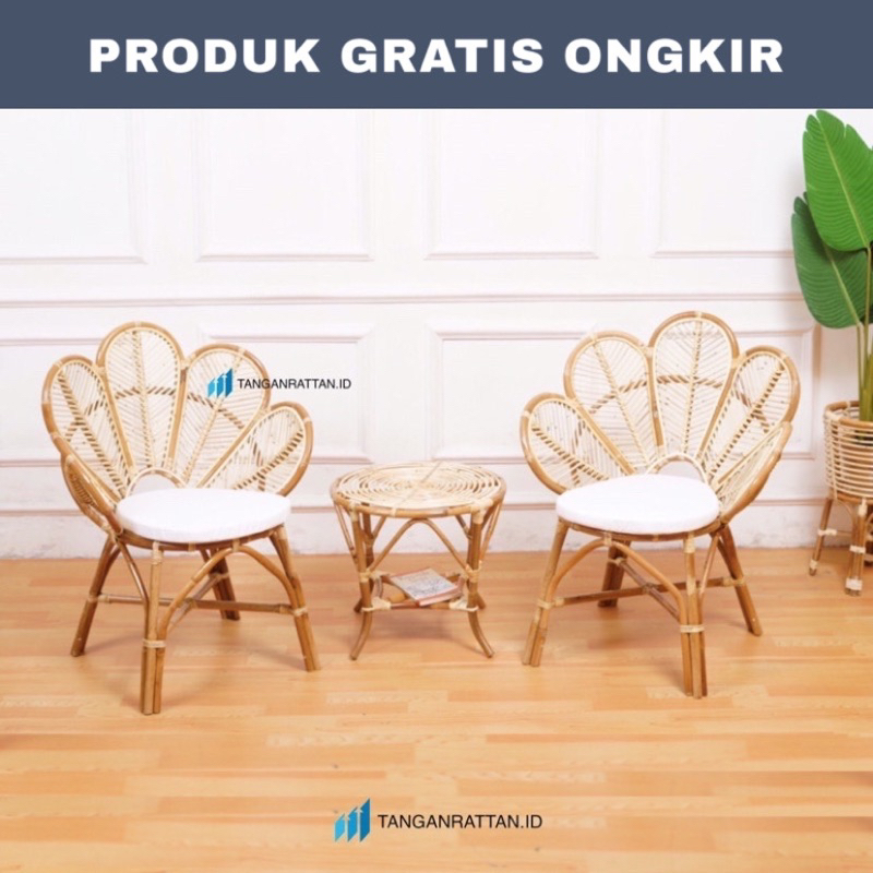 KURSI TERAS DAUN ROTAN GRATIS BANTAL DAN MEJA 1 SET / KURSI DEKORASI TERAS ROTAN MINIMALIS FINISHING