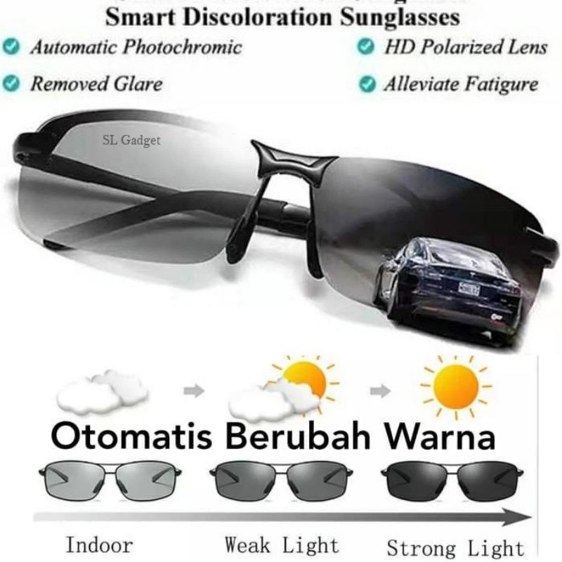 Kacamata Photochromic Anti UV Polarized Anti Silau Siang Dan Malam Sunglasses Hitam Pria Wanita Phot