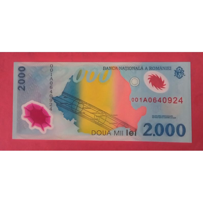 1 Lembar Uang Polimer Negara Rumania 2000 Lei UNC
