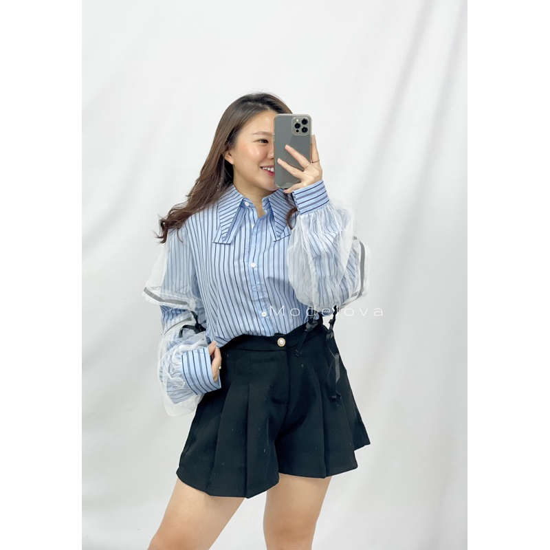 MDLV ~ 7899# Lenitta Cropped Striped Shirt Atasan Korea Import