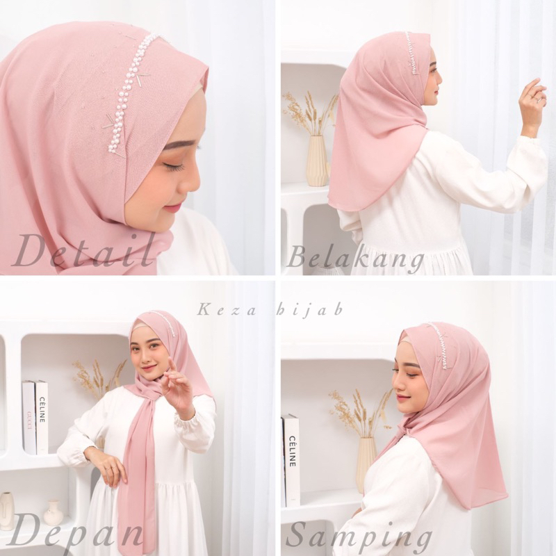 Keza - Jilbab Pashmina Oval Payet Daun/Hijab Payet Daun &amp; Mutiara/Hijab Payet Curve