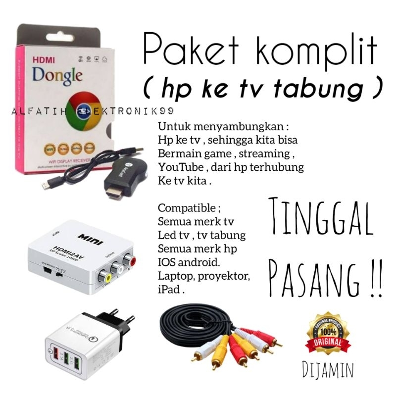 PAKET SUPER LENGKAP ANYCAST DONGLE ALAT UNTUK MENYAMBUNGKAN HP KE TV TABUNG / PENGHUBUNG HP KE TV TABUNG