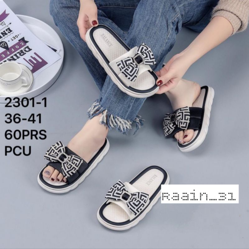 Sandal wanita import Sandal perempuan terbaru Selop balance trendy sendal karet jelly motif pita gesper