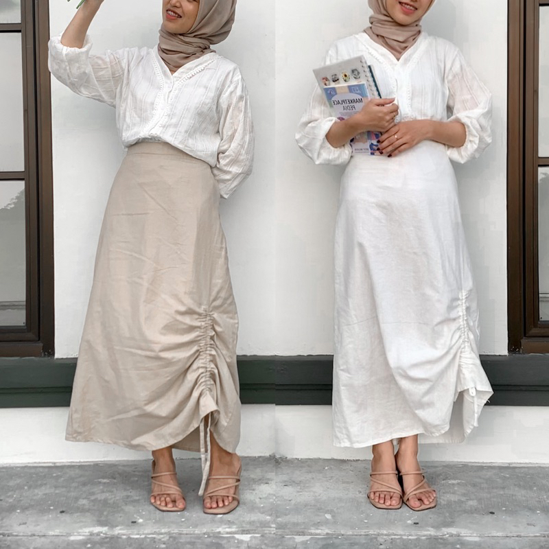 Shofia Skirt - Rok Serut Linen pakai Furing - ada Saku - Maxi Skirt - Rok Panjang - Rok Kuliah - Rok Kerja - Rok Polos - Rok Linen