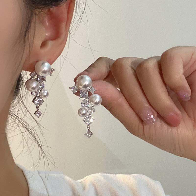 Anting E392 925 silver Korean fashion tassel asymmetrical earrings