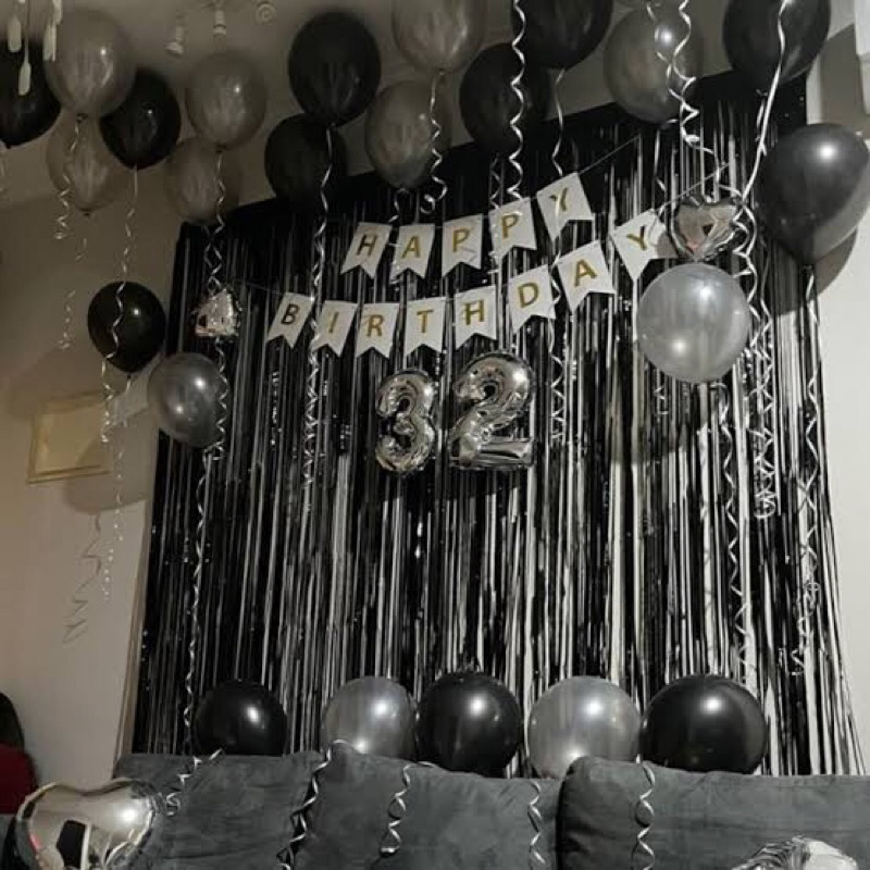 Paket Dekorasi ulang tahun kode 30 Paket birthday balon tirai banner warna hitam silver putih gold