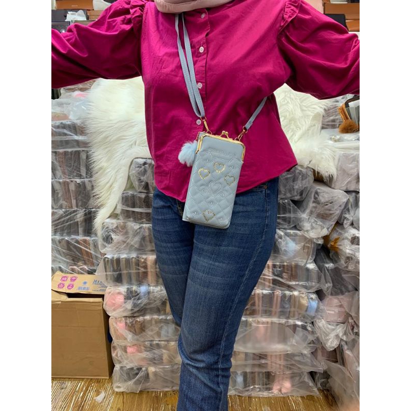 Tas hp behel pompom wanita forever love glitter motif hati