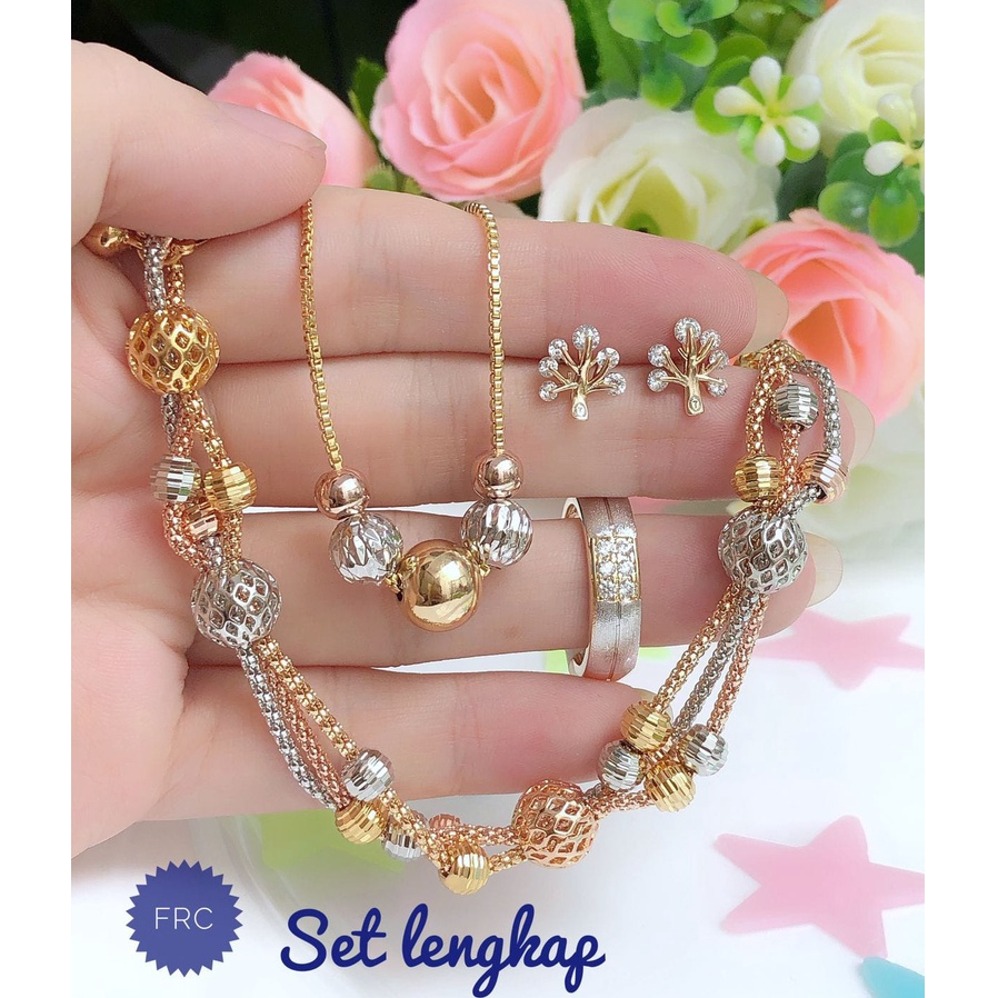 XUPED Set Perhiasan Lapis Emas Xuping Gelang Cincin Anting Kalung Liontin Bola Bola Warna Mix Silver