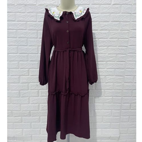 Gamis Viona Midi Dress Kerah Bordir Casual Fashion Muslim Terbaru