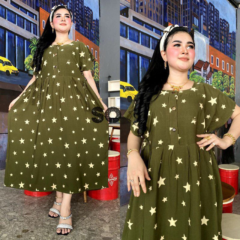 CHIBI DASTER JUMBO RAYON MOTIF BINTANG DRESS IBU HAMIL DAN MENYUSUI