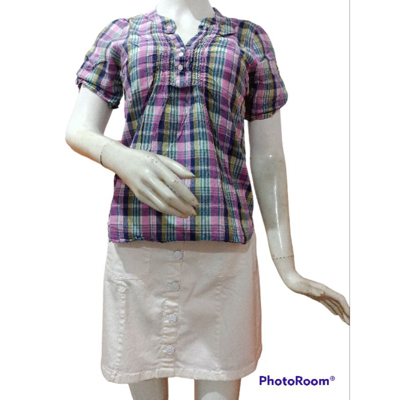 Kemeja lengan pendek wanita Preloved/kemeja kotak-kotak wanita