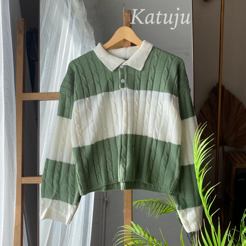 SWEATER CROP TOP CABLE STRIP KANCING KERAH KNIT PREMIUM CABLE KOREAN STYLE