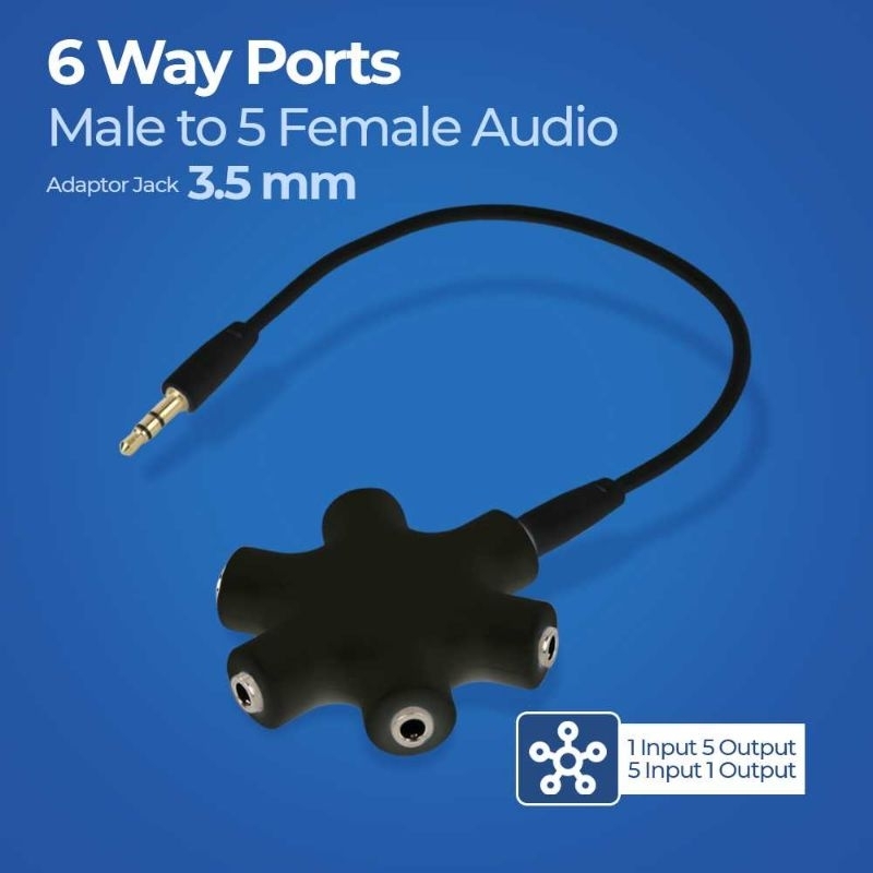 ALLOYSEED 6Way Port Male to 5Female Audio Earphone 3.5mm Jack Splitter - JLT108 Hitam (Black) / Putih (White)