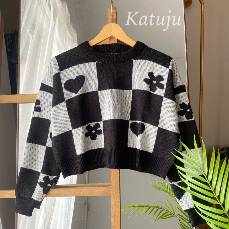 SWEATER RAJUT CROP MOTIF KOTAK LOVE PREMIUM QUALITY