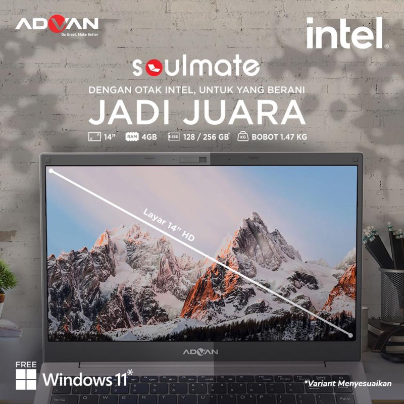 New Laptop ADVAN Soulmate Celeron N4020 4GB 128GB 256GB 14&quot; W1 ORIGINAL MURAH