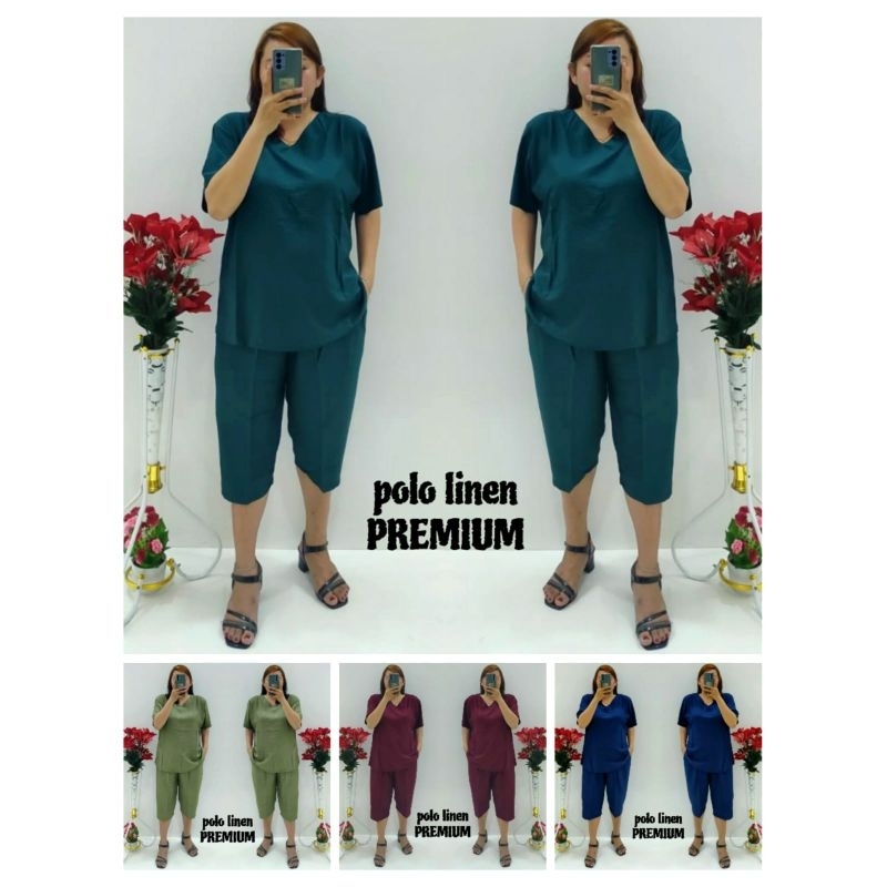 CNC - Stelan Wanita Dewasa Terbaru/Stelan Celana 7/8 V Polo Linen Polos Standar Dan Jumbo