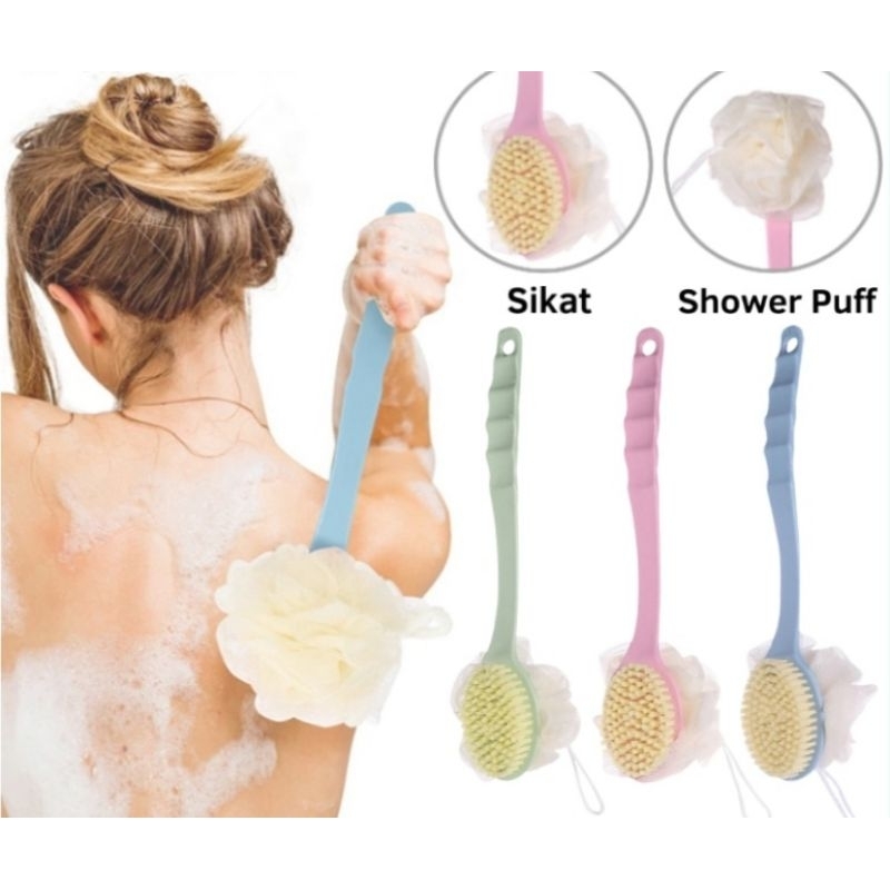 Sikat gosok mandi+shower puff gagang panjang