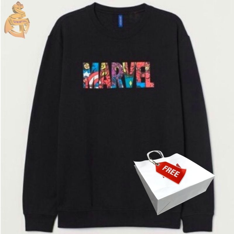 Sweater Crewneck H&amp;M Hnm Marvel Avenger Black Hitam Pria Wanita Tag Free Paper bag