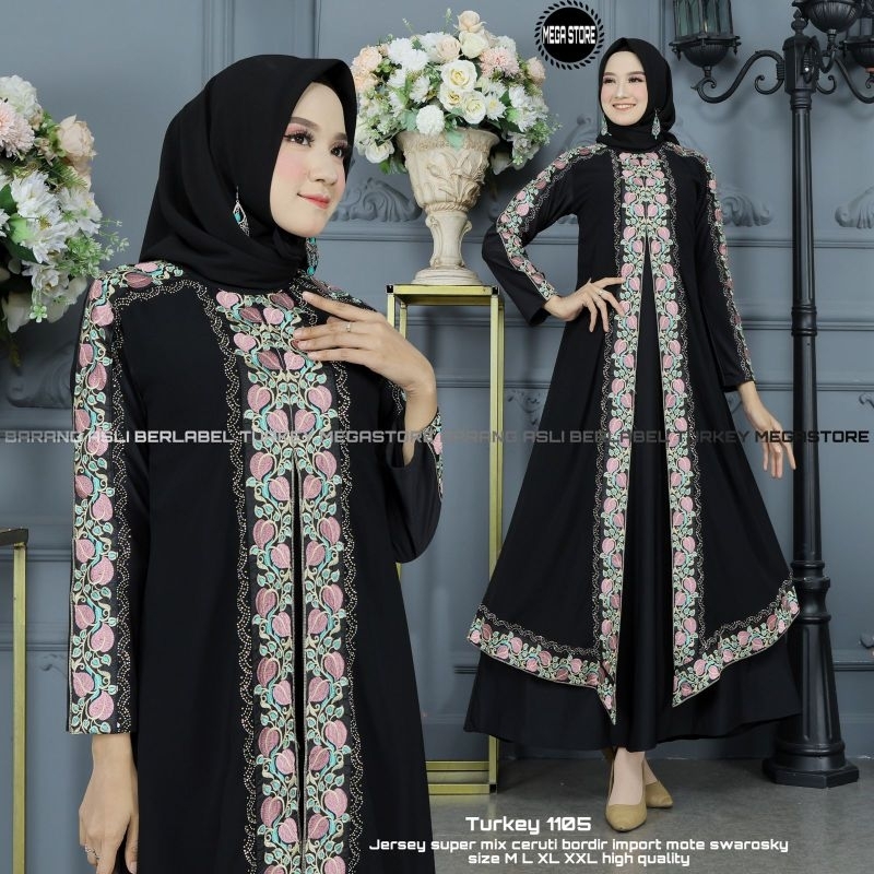 Baju Gamis Wanita Abaya Turkey Turki Hitam 1105 Dress Dres Jubah Hitam Ori Megastore