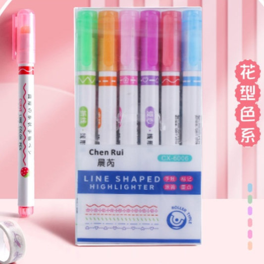 Line Shape Highlighter Isi 6 Warna / Set Line Pen Marker 6 in 1 / Set Spidol Roll Garis 6in1 / Curve Highlighter Pen Art Set