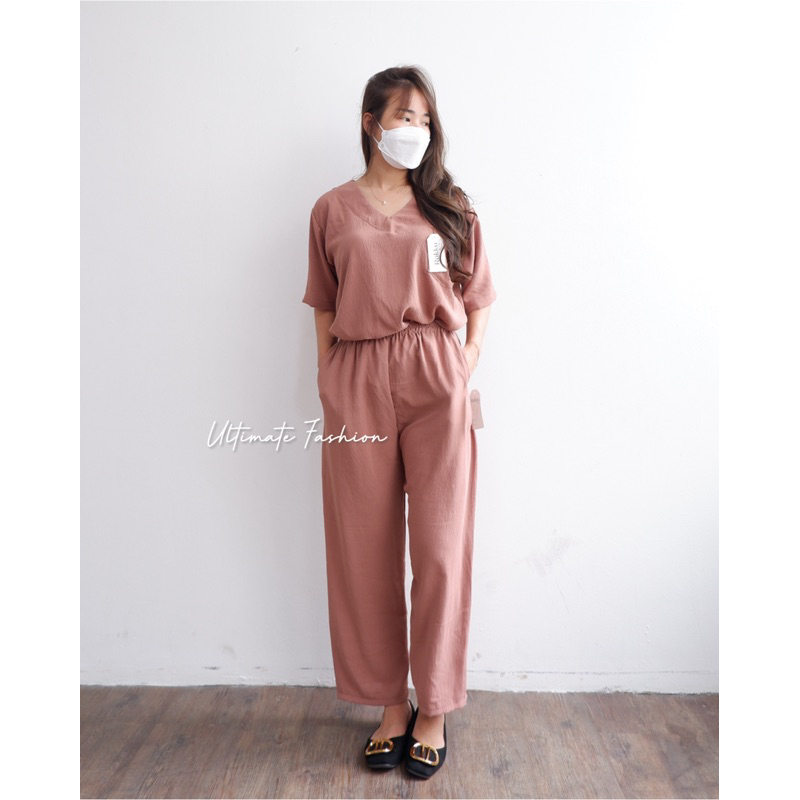 Cathy One Set Crinkle Oversize Airflow Premium / Daily One Set/ Setelan Crinkle V-Neck Import Rakku 251