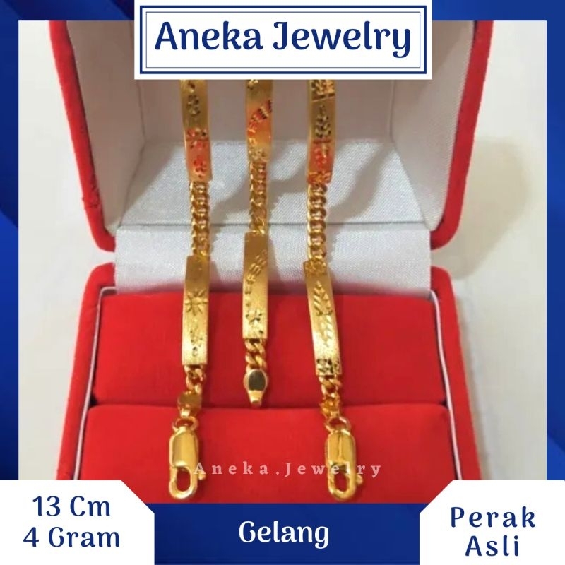 Gelang Anak Plat Ukir Doff, Sepuh Emas Kuning, Perak 925