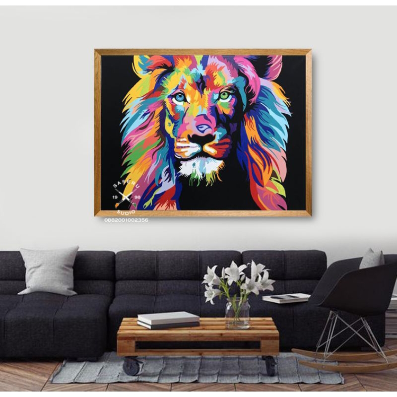 Lukisan kanvas singa full colour gagah siap pajang