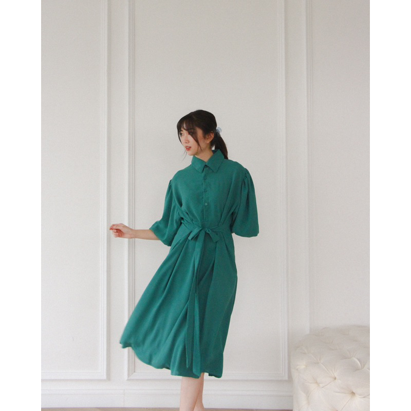 KANON - Maeda Shirt Dress - Dress kemeja midi lengan balon vintage korean look