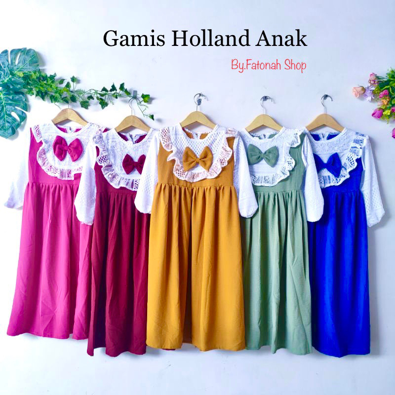 Gamis Anak 2 3 5 6 7 8 9 Tahun Anak Cewek Perempuan Gamis Set muslim Gamis combi brokat putih pita crinkle lucu kekinian terbaru baju muslim putih mustard brokat hitam fanta coksu kunyit navy dongker( Gamis brokat Holland putih pita )