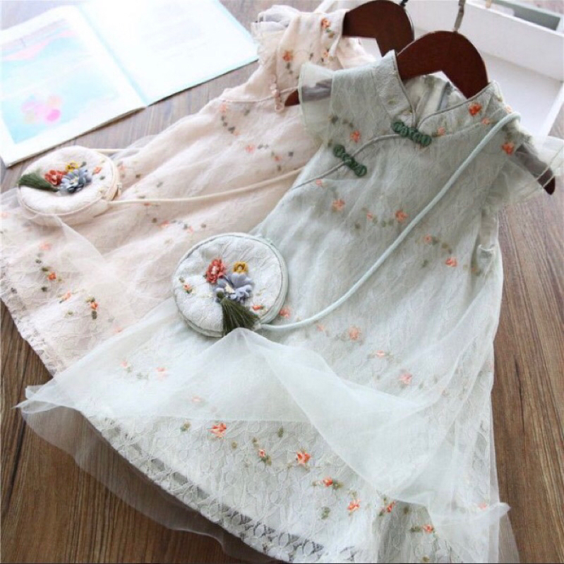dress anak / dress kerah shanghai anak / dress brokat anak - dress set tas