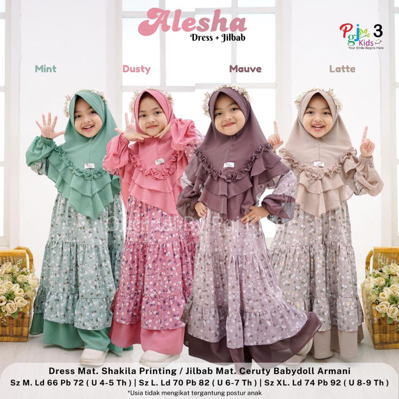 ALESHA DRESS KIDS GAMIS ANAK FREE HIJAB BY ALIFA