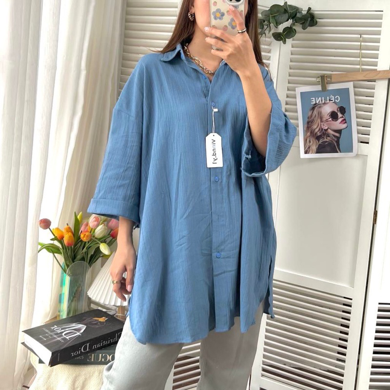 Tunic Linen Kemeja Oversize wanita Ld 142 cm E45