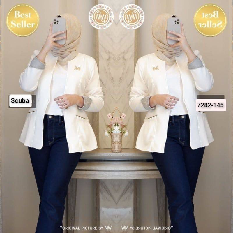 OUTER BLAZER WANITA BAHAN SCUBA PUTIH LOSS GG PRINT LIST BLACK LINE VARIASI POCKET PREMIUM OUTER BLA