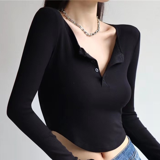 【MISSHONEY】Korean Half Button Sports Top/Elastic Long Sleeve Crop Top 7285