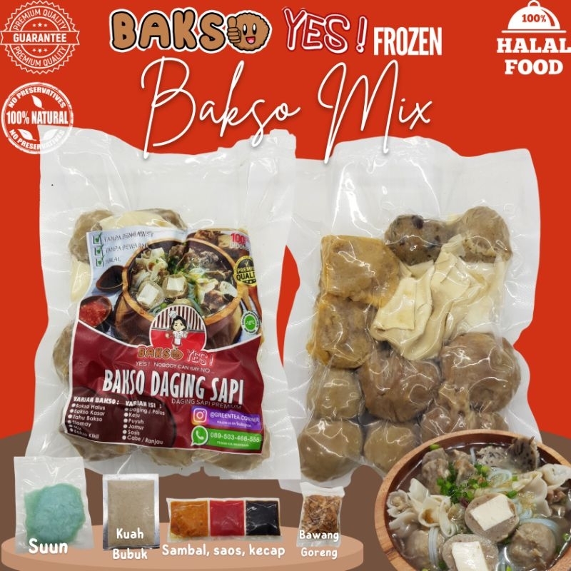 

[Bakso Yes!] BAKSO MIX | Halus, Kasar, Tahu, Siomay | Daging Sapi Premium Halal Kemasan Frozen Tanpa Pengawet FREE Kuah Bubuk Lengkap, Suun, Bawang Goreng, Sambal, Saos, Kecap