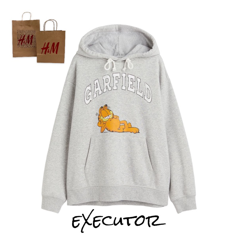 ( 8.8 ) Hoodie H&amp;M Unisex Sablon Garfield Grey Abu, Flecee Katun Lembut Tebal, Free Papperbag