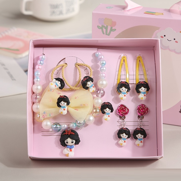 NEW Set Jepit anting kalung anak perempuan motif cartoon (dengan kotak)