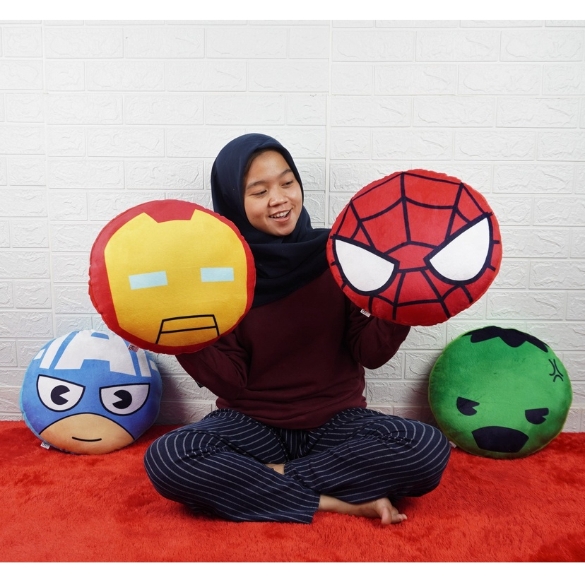 Bantal Sofa Bulat Motif Karakter Superhero Spiderman Iron Man Hulk Captain Amerika Bahan Halus 35cm