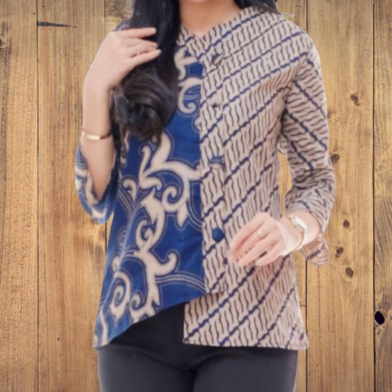 blouse batik abstrak pisangan biru original arta batik super pakaian wanita atasan batik modern bati