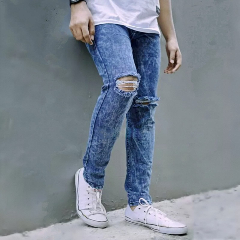 CELANA JEANS PRIA PANJANG SOBEK LUTUT ROBEK RIPPED SOFT JEANS PREMIUM