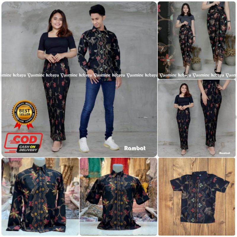 Couple Rok Plisket Dan Lilit Jumbo Set Kemeja Batik Pria / Baju Batik Couple Motif Rambat Hitam / Co