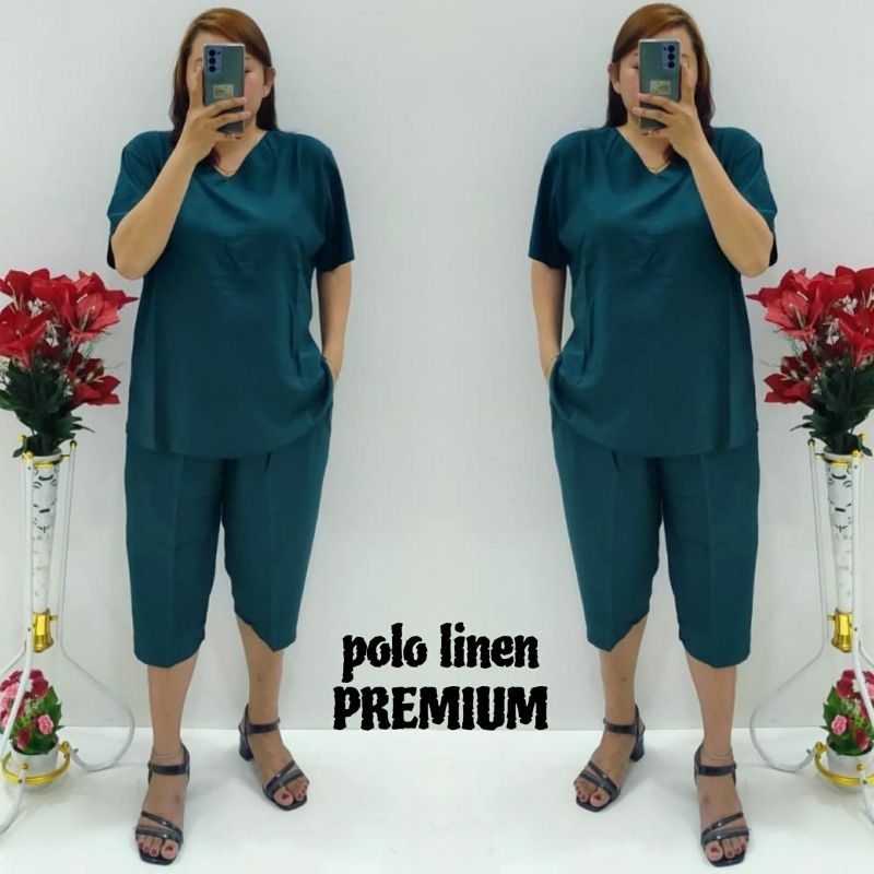 CNC - Stelan Wanita Dewasa Terbaru/Stelan Celana 7/8 V Polo Linen Polos Standar Dan Jumbo