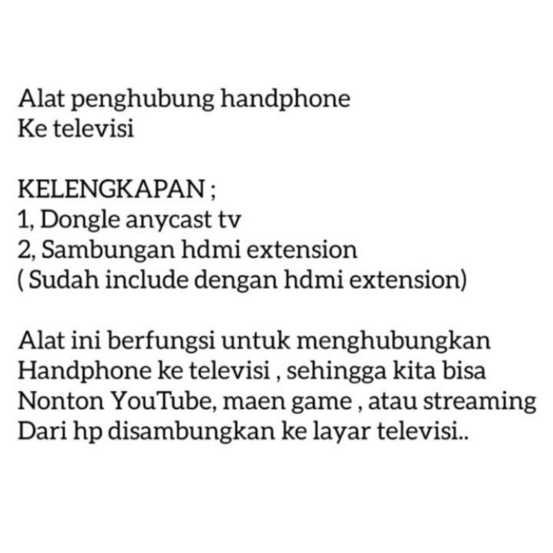 ANYCAST DONGLE SCREEN MIRRORING HP KE TV LED/LCD FREE SAMBUNGAN HDMI EXTENSION / ALAT UNTUK MENYAMBUNGKAN MENGHUBUNGKAN SEBAGAI PENGHUBUNG PENYAMBUNG HP KE TV LED / LCD