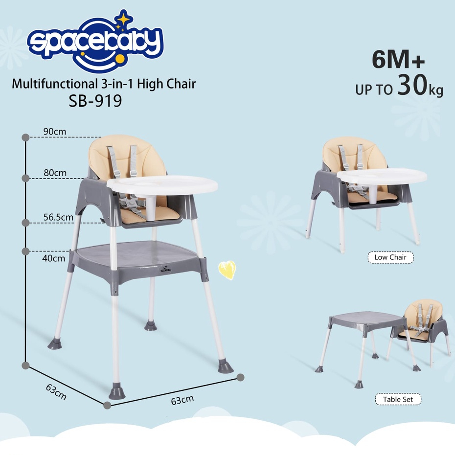 SpaceBaby SB 919 Baby Chair 3 IN 1 Booster Baby Seat 3IN1 SB919 Space Baby High Chair Kursi Makan Anak Bayi 3IN1 SB 917 SB917 SB 918 SB918